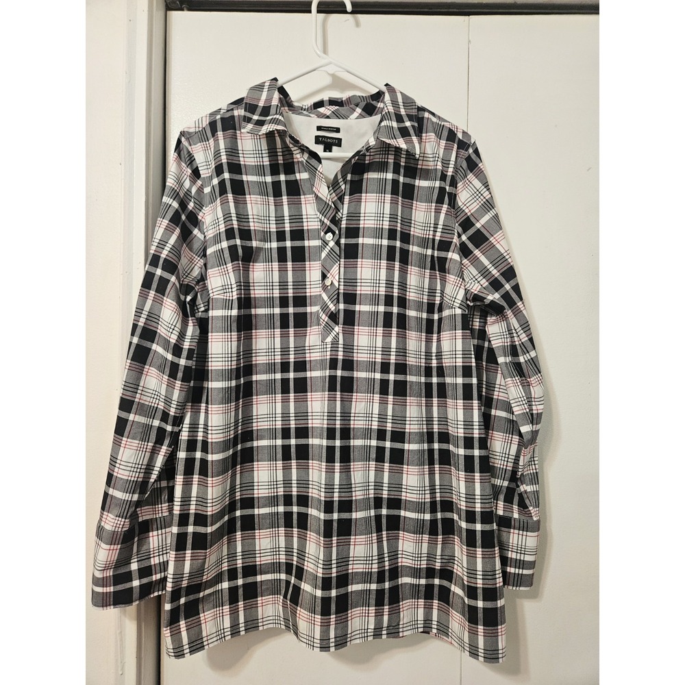 Talbots Black, White, and Red Paid long-sleeve Popover Blouse. NWT Size 16